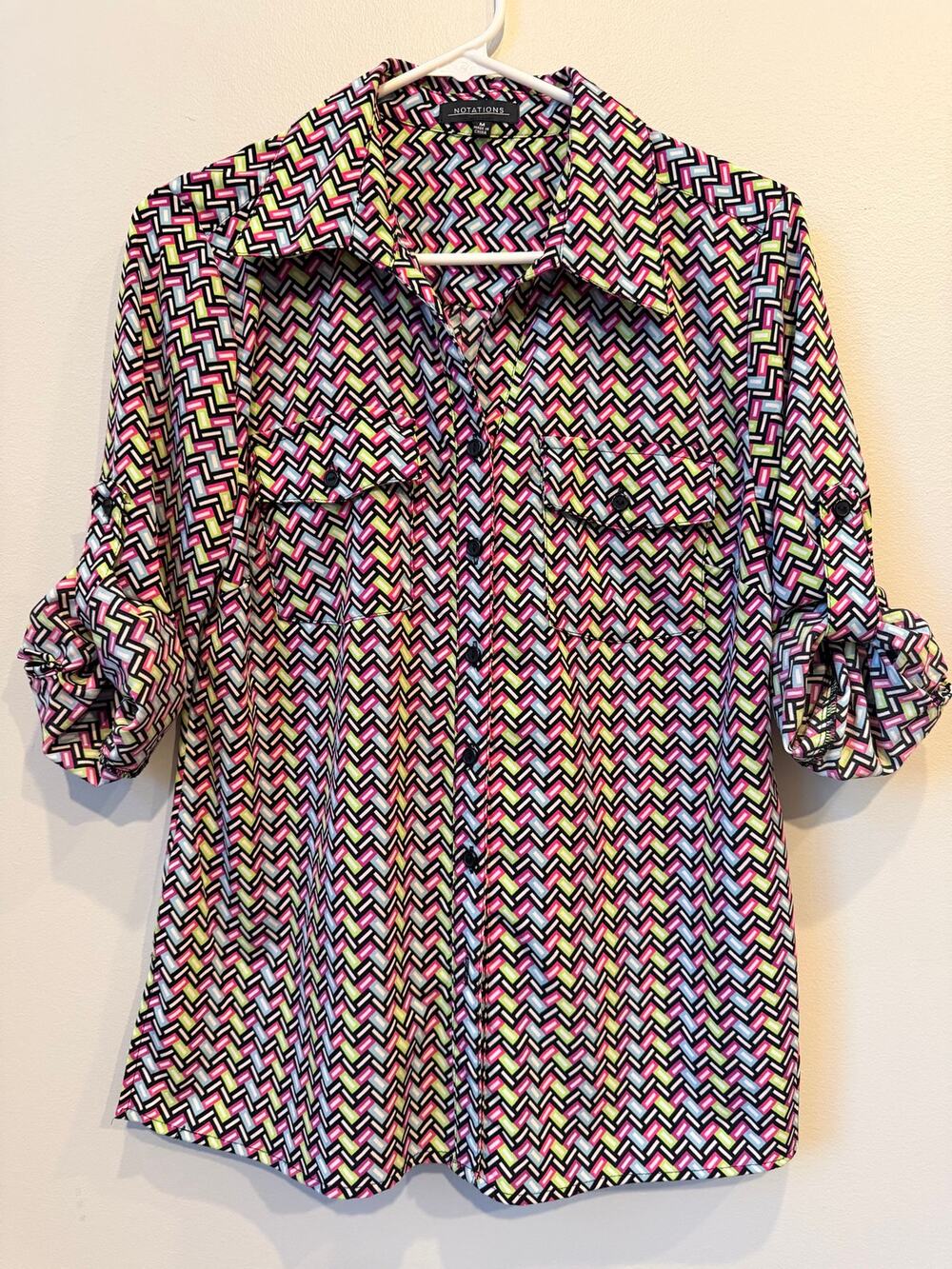 Notations Retro Geometric Chevron Multicolor Roll-Tab Blouse Size M